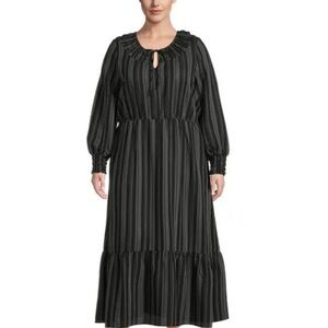 Chic Black Striped Long Sleeve Peasant Dress Plus 2x Classic for Office Church